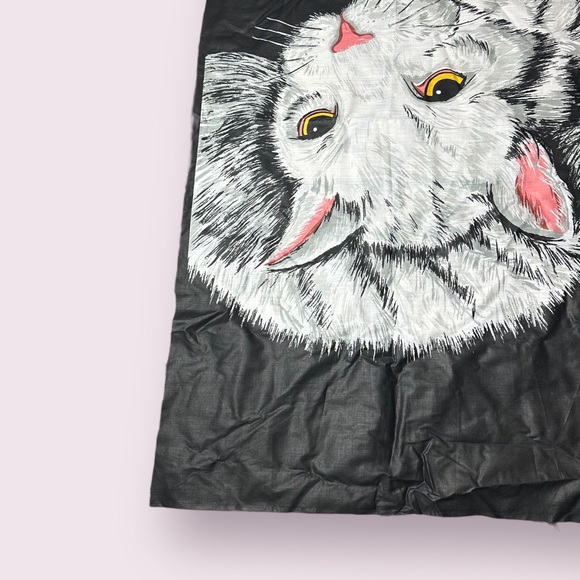 Vintage Cat Playing With Yarn Unfinished Edge Black Background Fabric 44” x 44” - Picture 2 of 9